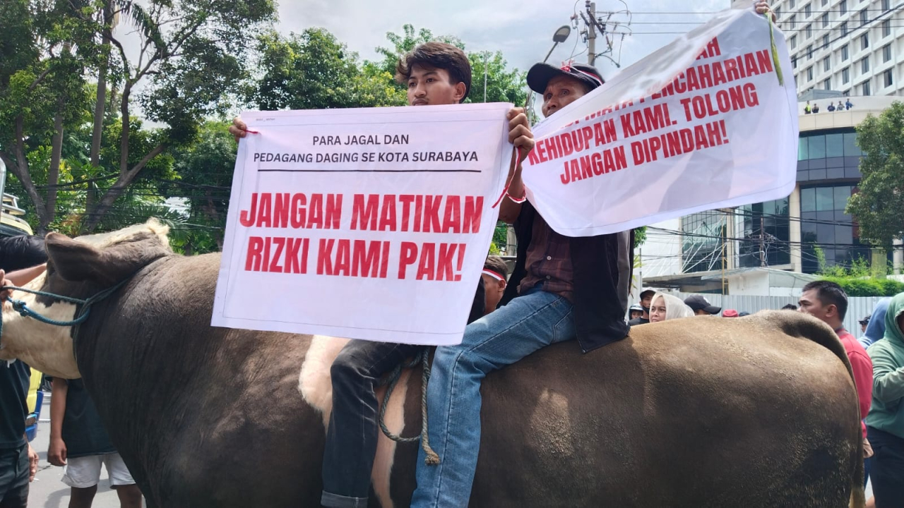 Massa aksi membawa sapi saat unjuk rasa di depan DPRD Kota Surabaya.