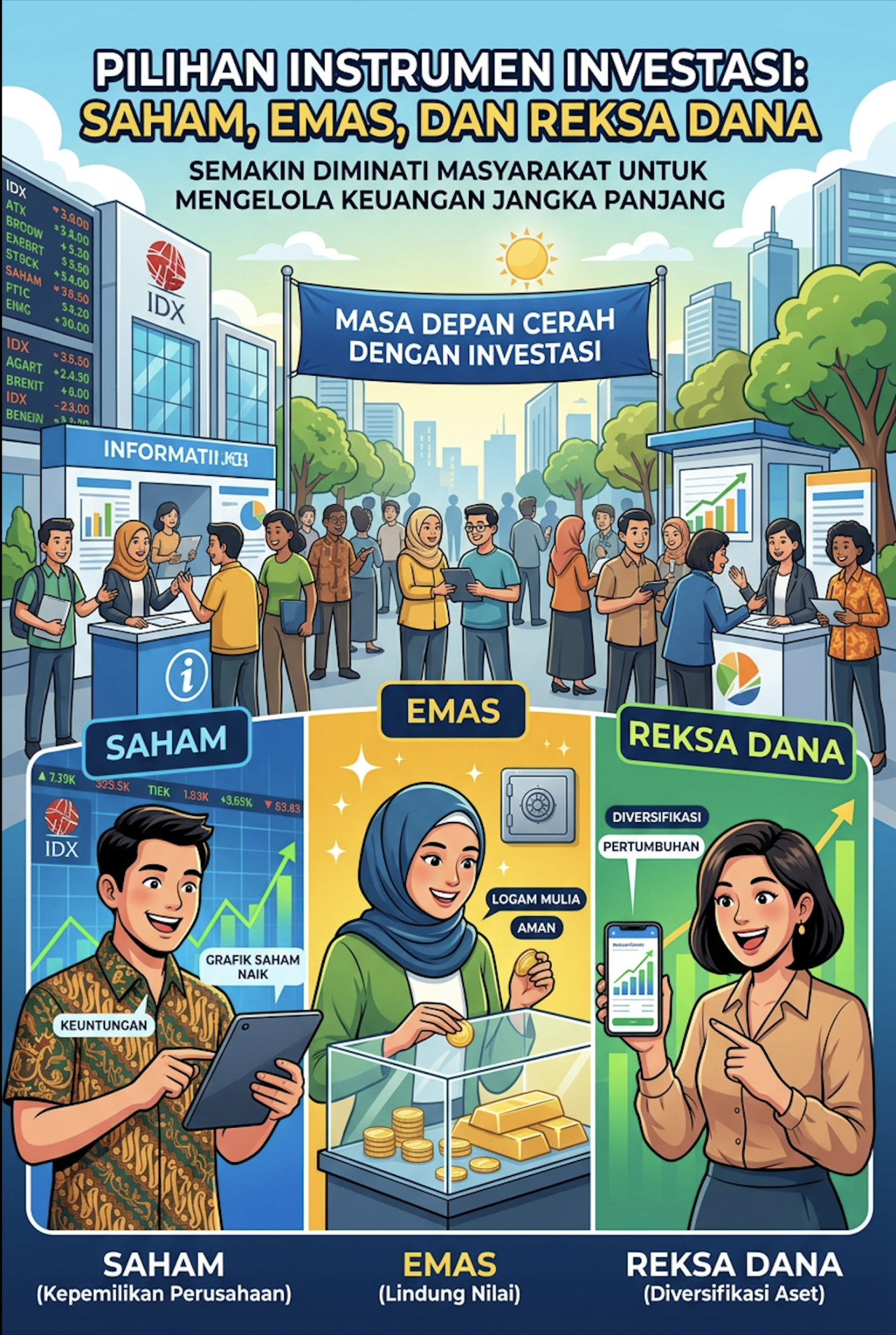Ilustrasi pilihan instrumen investasi seperti saham, emas, dan reksa dana yang semakin diminati masyarakat untuk mengelola keuangan jangka panjang. (Sumber Foto: ilustrasi AI)