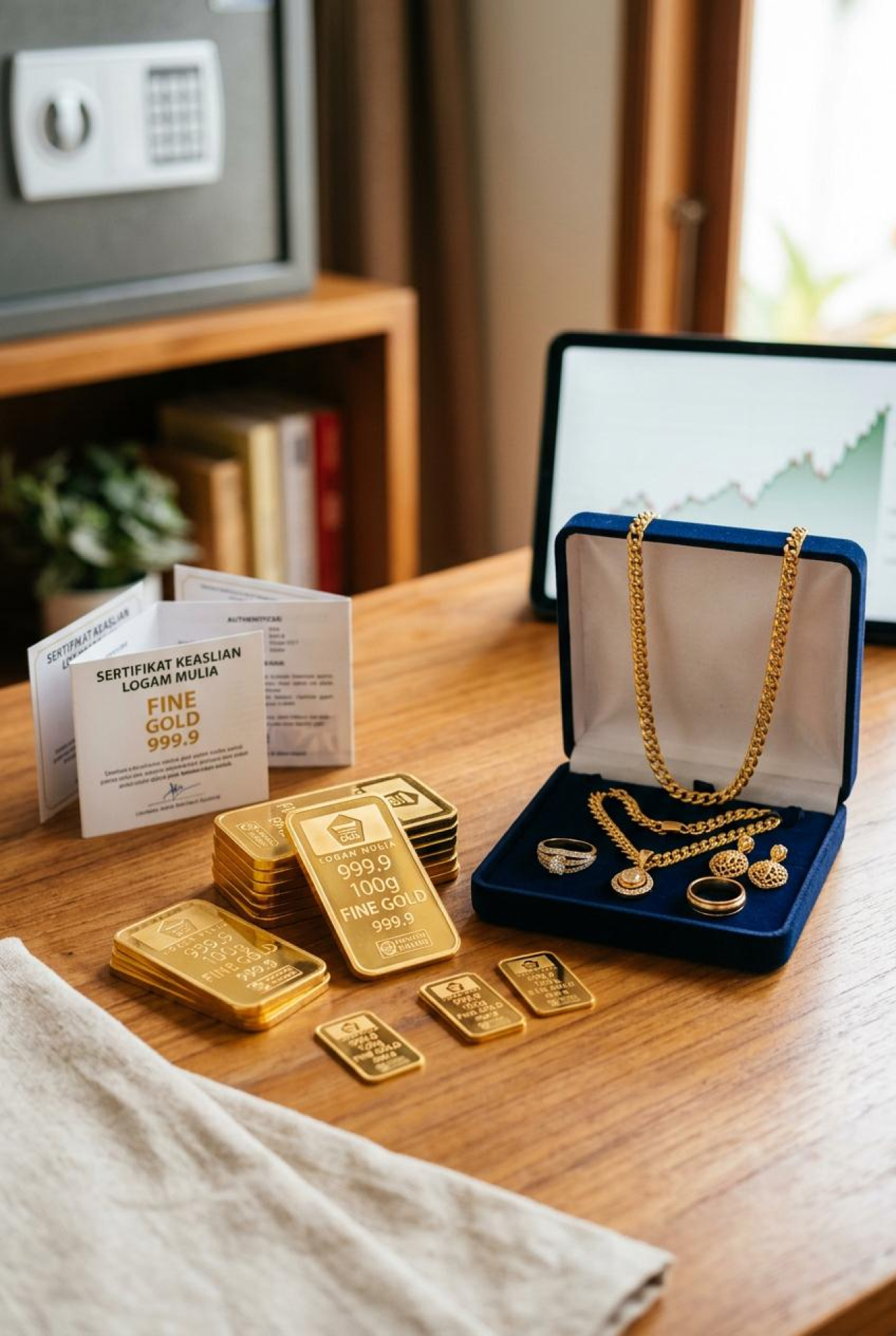Ilustrasi Emas Batangan dan Perhiasan sebagai Instrumen Investasi Aman. (Sumber Foto: Ilustrasi AI)